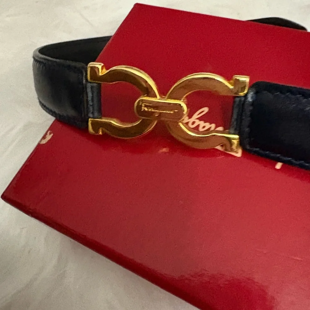 Salvatore Ferragamo black Leather Belt with Gold Buckle